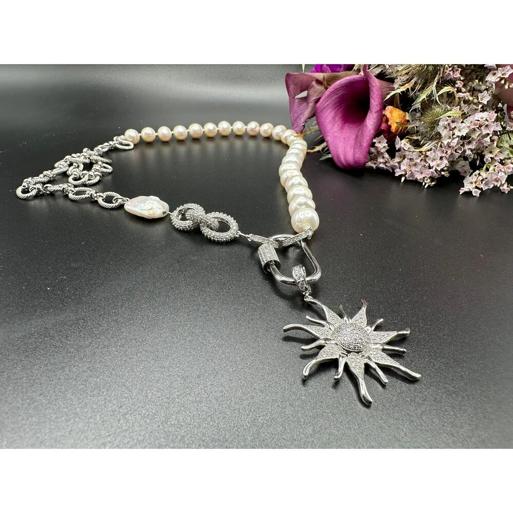 White natural pearl half chain necklace, combined freshwater pearl and bulky cha